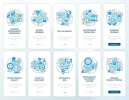 Brand longevity and quality blue onboarding mobile app screen set. Walkthrough 5 steps editable graphic instructions with linear concepts. UI, UX, GUI template vector