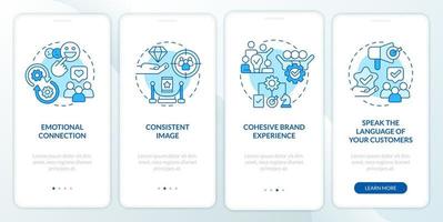 Ways to develop brand longevity blue onboarding mobile app screen. Walkthrough 4 steps editable graphic instructions with linear concepts. UI, UX, GUI template vector