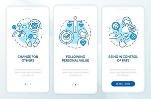 Customer needs blue onboarding mobile app screen. Brand development walkthrough 3 steps editable graphic instructions with linear concepts. UI, UX, GUI template vector