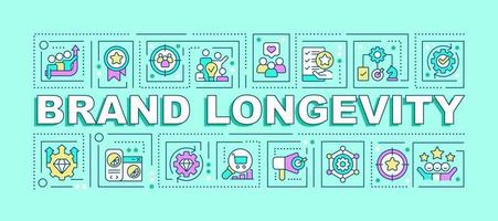 Brand longevity word concepts turquoise banner. Marketing. Infographics with editable icons on color background. Isolated typography. Vector illustration with text