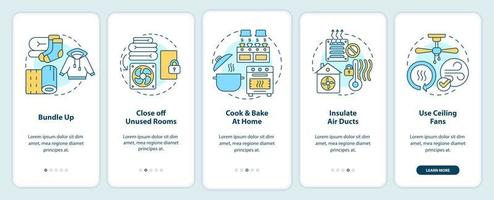 Save on heat energy bills in winter onboarding mobile app screen. Walkthrough 5 steps editable graphic instructions with linear concepts. UI, UX, GUI template vector