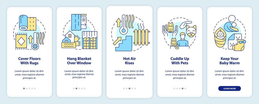 Stay warm during power outage onboarding mobile app screen. Survival walkthrough 5 steps editable graphic instructions with linear concepts. UI, UX, GUI template vector