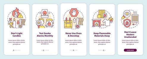 invierno calefacción la seguridad consejos inducción móvil aplicación pantalla. precauciones recorrido 5 5 pasos editable gráfico instrucciones con lineal conceptos. ui, ux, gui modelo vector