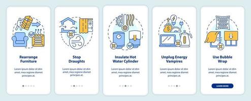 Lowering heating costs in winter tips onboarding mobile app screen. Walkthrough 5 steps editable graphic instructions with linear concepts. UI, UX, GUI template vector