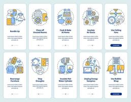 Saving heat energy onboarding mobile app screen set. Low power using walkthrough 5 steps editable graphic instructions with linear concepts. UI, UX, GUI template vector