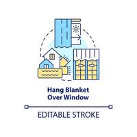 Hang blanket over window concept icon. Reduce house heat loss. Draught proofing abstract idea thin line illustration. Isolated outline drawing. Editable stroke vector