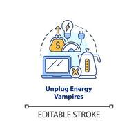 Unplug energy vampires concept icon. Saving electricity. Reduce power drain abstract idea thin line illustration. Isolated outline drawing. Editable stroke vector