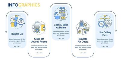 Reduce heating bill costs rectangle infographic template. Save energy. Data visualization with 5 steps. Editable timeline info chart. Workflow layout with line icons vector