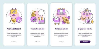 Main types of scent marketing onboarding mobile app screen. Thematic walkthrough 4 steps editable graphic instructions with linear concepts. UI, UX, GUI template vector