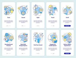 Sensory marketing onboarding mobile app screen set. Human senses walkthrough 5 steps editable graphic instructions with linear concepts. UI, UX, GUI template vector