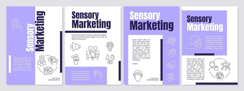 Sensory branding purple brochure template. Customer perception in retail. Leaflet design with linear icons. Editable 4 vector layouts for presentation, annual reports