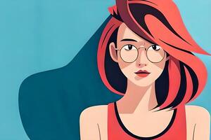 rojo pelo niña vistiendo lentes icono, mujer avatar, plano ilustración generativo ai, dibujos animados muchacha. foto