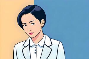 avatar de negocio trabajando mujer en formal blanco traje. plano ilustración dibujo. asiático niña icono avatar. generativo ai. dibujos animados estilo. foto