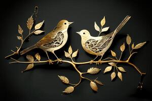 Golden birds on a branch with leaves. photo