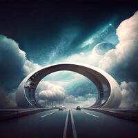 Futuristic dramatic cloudscape with highway and concept arch. photo