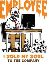 Vector illustration of an employee skull working in front of computer at the office