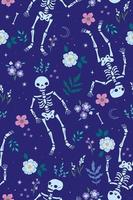 Seamless pattern with skeletons and flowers. Vector graphics.