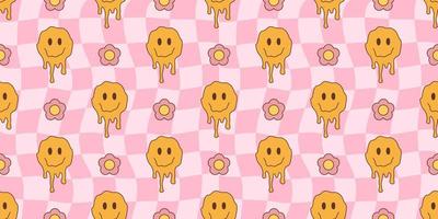 Melted smiley faces and flowers, groovy seamless pattern. Retro hippie psychedelic style vector wallpaper in 60s, 70s, 80s