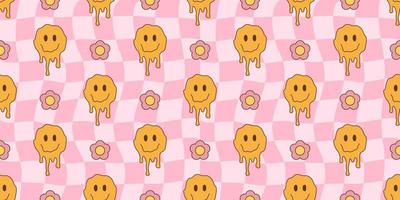 Melted smiley faces and flowers, groovy seamless pattern. Retro hippie psychedelic style vector wallpaper in 60s, 70s, 80s