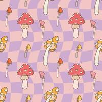 Groovy Mushrooms vector seamless pattern. Retro hippie psychedelic style vector wallpaper in 60s, 70s, 80s