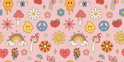 Retro psychedelic 60s 70s vector seamless patterns, groovy hippie style background. Cartoon print with flowers, rainbow and mushrooms, set in hippie style