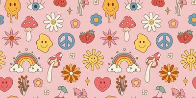Retro psychedelic 60s 70s vector seamless patterns, groovy hippie style background. Cartoon print with flowers, rainbow and mushrooms, set in hippie style