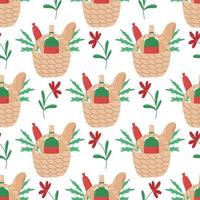 Basket with wine, baguettes and sausage seamless pattern vector