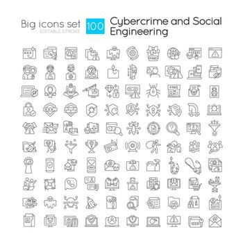 Cybercrime and social engineering attack linear icons set. Internet safety. Customizable thin line symbols. Isolated vector outline illustrations. Editable stroke