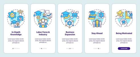 Industry specific education onboarding mobile app screen. Skills walkthrough 5 steps editable graphic instructions with linear concepts. UI, UX, GUI template vector