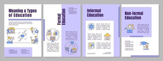 Education meaning and types of purple brochure template. Leaflet design with linear icons. Editable 4 vector layouts for presentation, annual reports