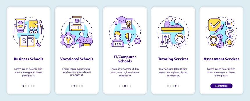 Supplemental education service providers onboarding mobile app screen. Walkthrough 5 steps editable graphic instructions with linear concepts. UI, UX, GUI template vector