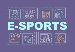 E sports word concepts dark blue banner. Competitive video gaming. Infographics with editable icons on color background. Isolated typography. Vector illustration with text