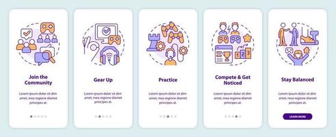 Start esports career onboarding mobile app screen. Live streaming walkthrough 5 steps editable graphic instructions with linear concepts. UI, UX, GUI template vector