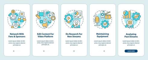 Professional live streamer activities onboarding mobile app screen. Walkthrough 5 steps editable graphic instructions with linear concepts. UI, UX, GUI template vector