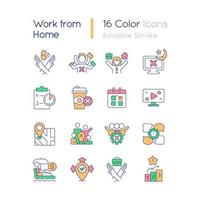 Work from home RGB color icons set. Prevent burnout. Remote workers tips. Isolated vector illustrations. Simple filled line drawings collection. Editable stroke