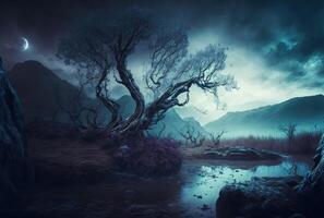 Mysterious gloomy night landscape with tree. photo