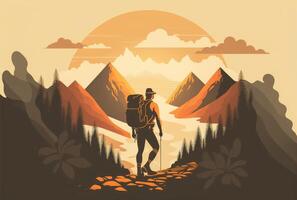Man with tourist backpack and mountains abstract flat background. photo