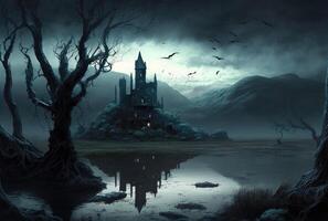 Fantasy gloomy night landscape with castle. photo