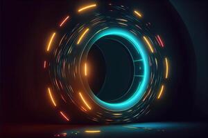 Ring shaped neon tunnel, portal futuristic abstract background. photo