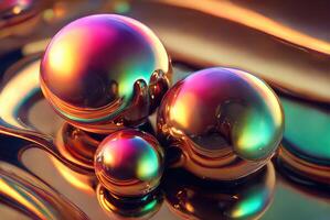 Holographic liquid glossy 3d spheres abstract background. photo