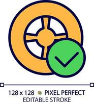Vehicle tire safety pixel perfect RGB color icon. Wheel with checkmark. Transport quality control. Approved product. Isolated vector illustration. Simple filled line drawing. Editable stroke