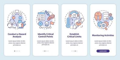 HACCP principles onboarding mobile app screen. Risks reducing walkthrough 4 steps editable graphic instructions with linear concepts. UI, UX, GUI template vector