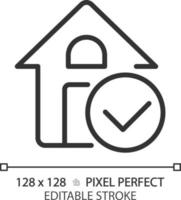 House verification pixel perfect linear icon. Safe building construction. Real estate agency service. Thin line illustration. Contour symbol. Vector outline drawing. Editable stroke