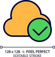 Cloud with check mark pixel perfect RGB color icon. Safe digital data storage. Keep information on internet. Isolated vector illustration. Simple filled line drawing. Editable stroke