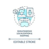 Simultaneous localization and mapping turquoise concept icon. Synthetic data abstract idea thin line illustration. Isolated outline drawing. Editable stroke vector