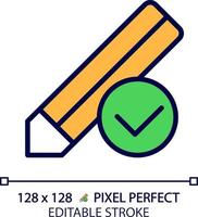 Pencil with check mark pixel perfect RGB color icon. Voting process. Writing approved information. Correct notes. Isolated vector illustration. Simple filled line drawing. Editable stroke