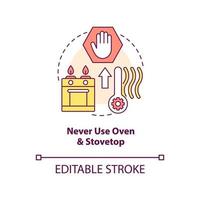 Never use oven to warm house concept icon. Winter heating safety advice. Restriction abstract idea thin line illustration. Isolated outline drawing. Editable stroke vector