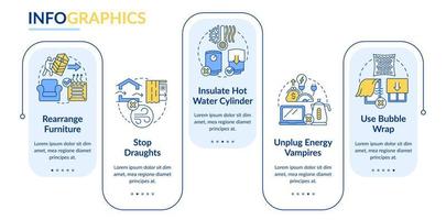 Reduce home heat loss rectangle infographic template. Save energy. Data visualization with 5 steps. Editable timeline info chart. Workflow layout with line icons vector