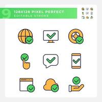 Checkmarks in communication pixel perfect RGB color icons set. Approval marks in digital industry. Right data. Isolated vector illustrations. Simple filled line drawings collection. Editable stroke