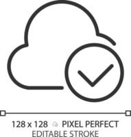 Cloud with check mark pixel perfect linear icon. Safe digital data storage. Keep information on internet. Thin line illustration. Contour symbol. Vector outline drawing. Editable stroke